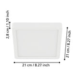 Gosmelle square LED downlight with white steel body and white plastic diffuser, shown with dimension labels 21 x 21 x 2.8cm on a plain white background.