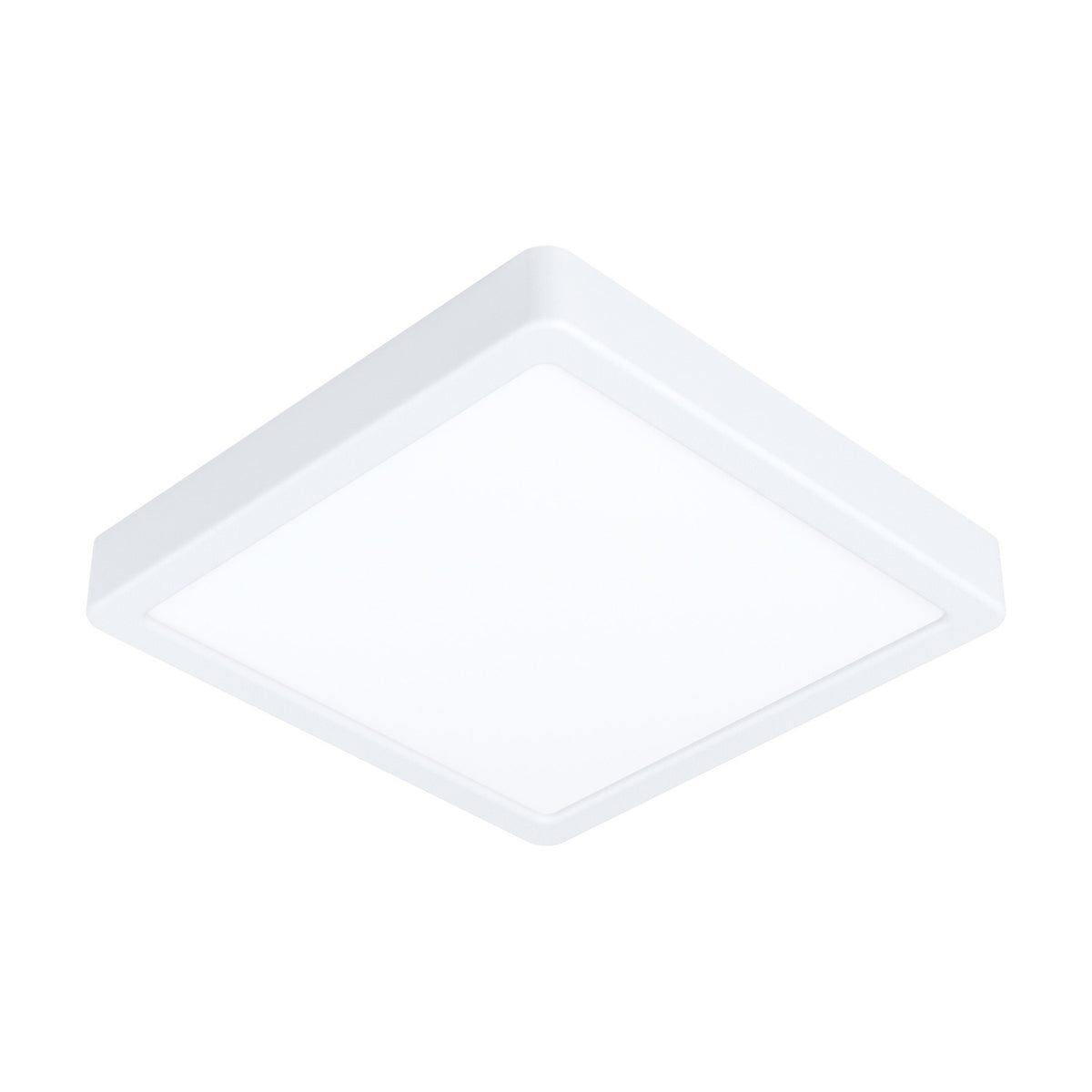 Gosmelle square LED downlight, 21 x 21cm, white steel body with white plastic diffuser and softly rounded corners, warm white IP20, shown on a plain white background.