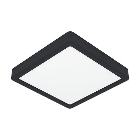 Gosmelle LED Downlight, 21 x 21cm square ceiling fixture with black steel frame and white plastic diffuser, warm white light, IP44, shown on a plain white background.