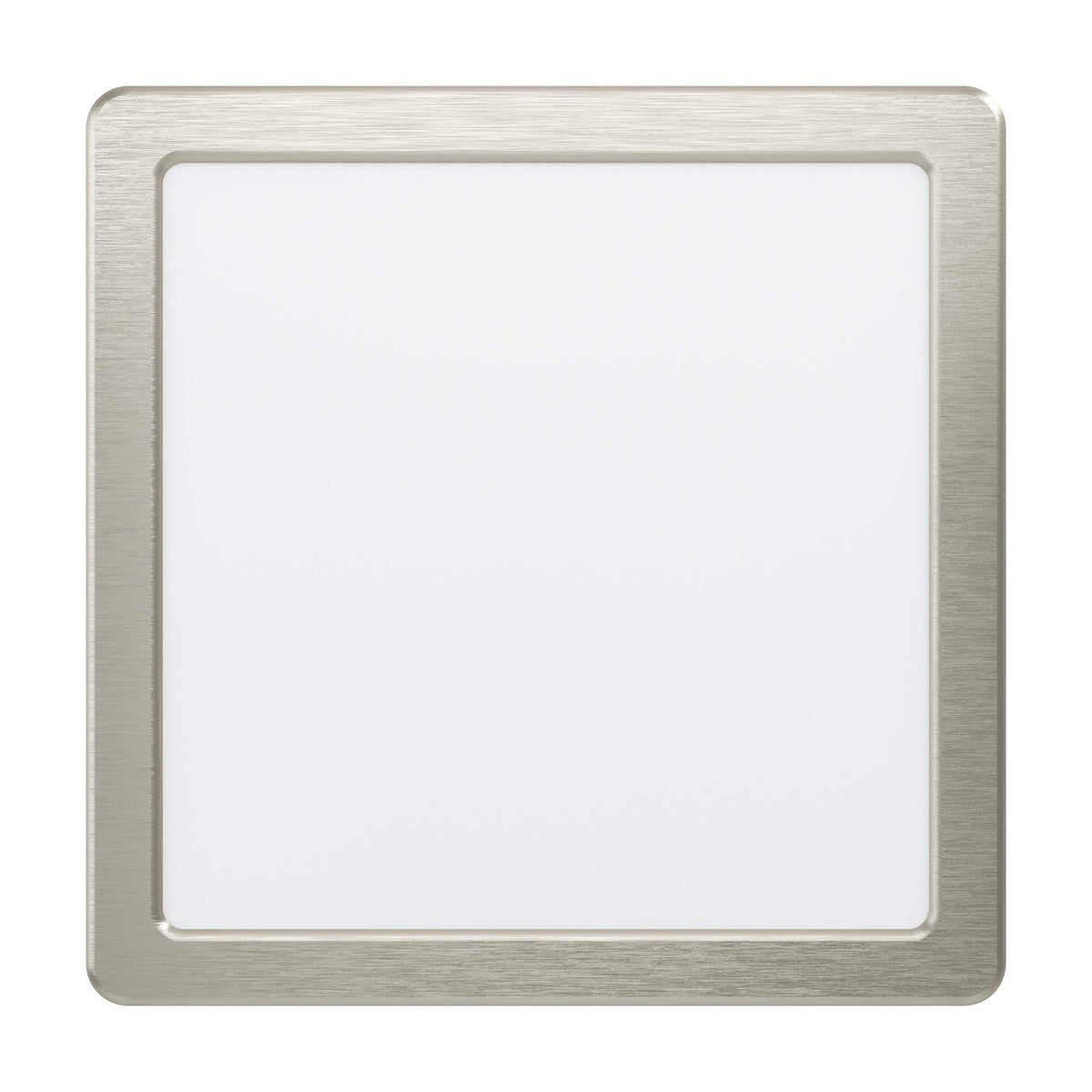 Gosmelle LED Downlight, a square 21 x 21cm ceiling fixture with a brushed satin nickel frame and white plastic diffuser, shown on a plain white background.