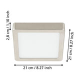 Gosmelle square LED downlight with satin nickel frame and white plastic diffuser, shown with dimension labels for 21 x 21cm size and 2.8cm depth on a white background.