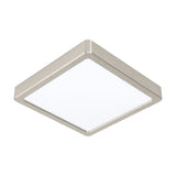 Gosmelle square LED downlight with brushed satin nickel frame and white diffuser, 21 x 21cm slim profile, warm white light, shown on a plain white background.