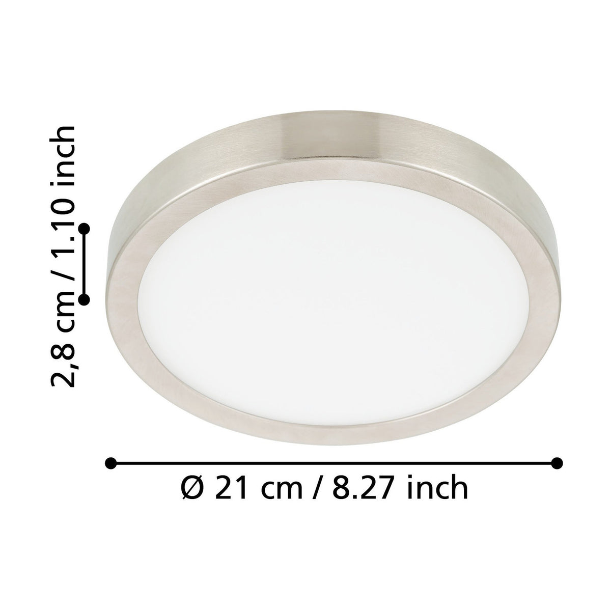 Gosmelle LED downlight with round satin nickel steel frame and white plastic diffuser, shown at an angle with dimension markers for 21cm diameter and 2.8cm depth on a white background.
