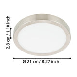 Gosmelle LED downlight with round satin nickel steel frame and white plastic diffuser, shown at an angle with dimension markers for 21cm diameter and 2.8cm depth on a white background.