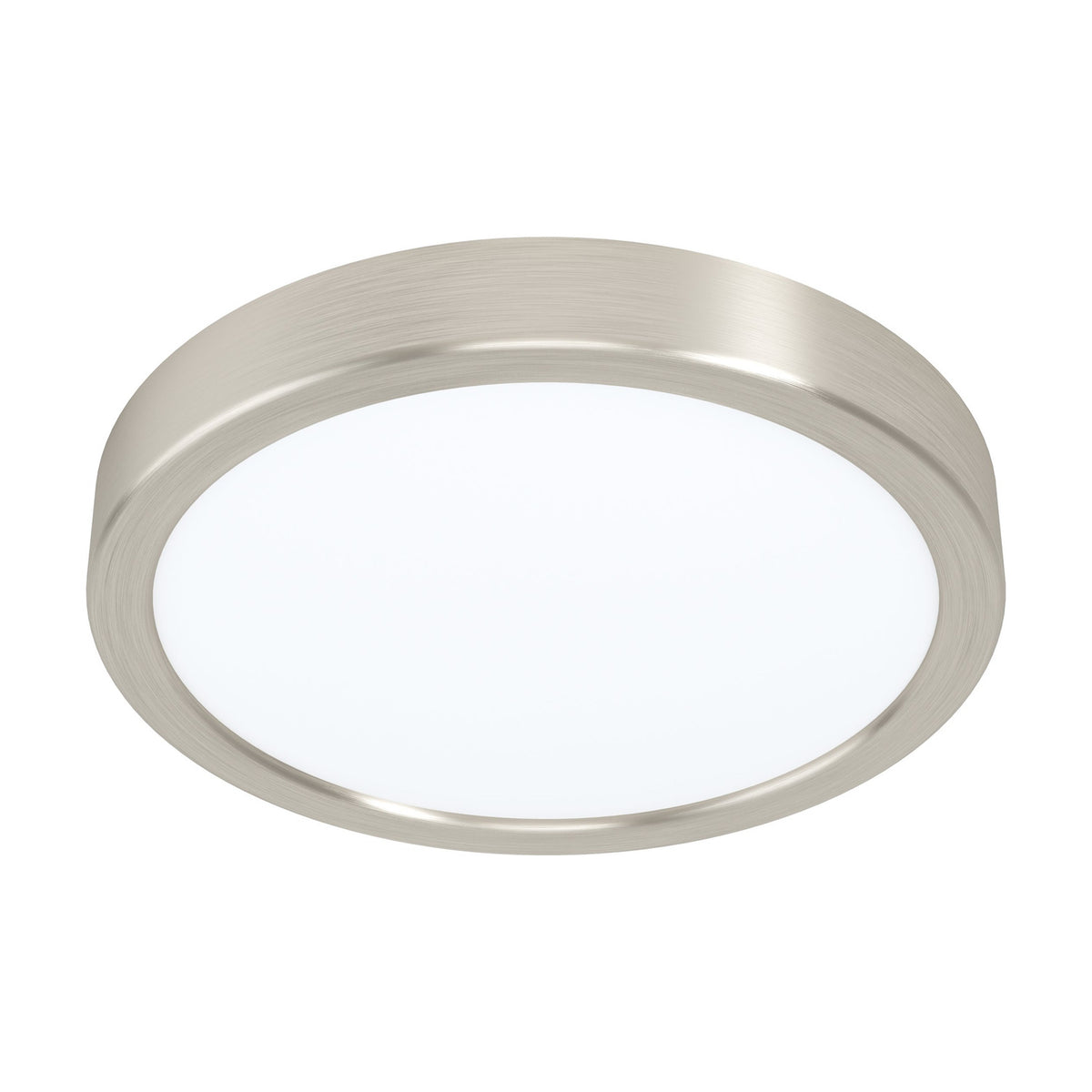 Gosmelle round LED downlight with a brushed satin nickel steel rim and white plastic diffuser, shown on a plain white background.