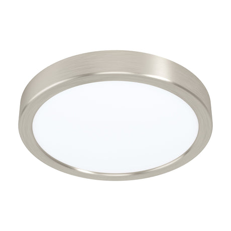 Gosmelle round LED downlight with a brushed satin nickel steel rim and white plastic diffuser, shown on a plain white background.