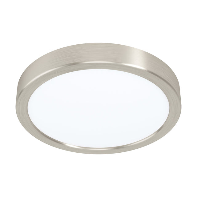 Gosmelle round LED downlight with a brushed satin nickel steel rim and white plastic diffuser, shown on a plain white background.