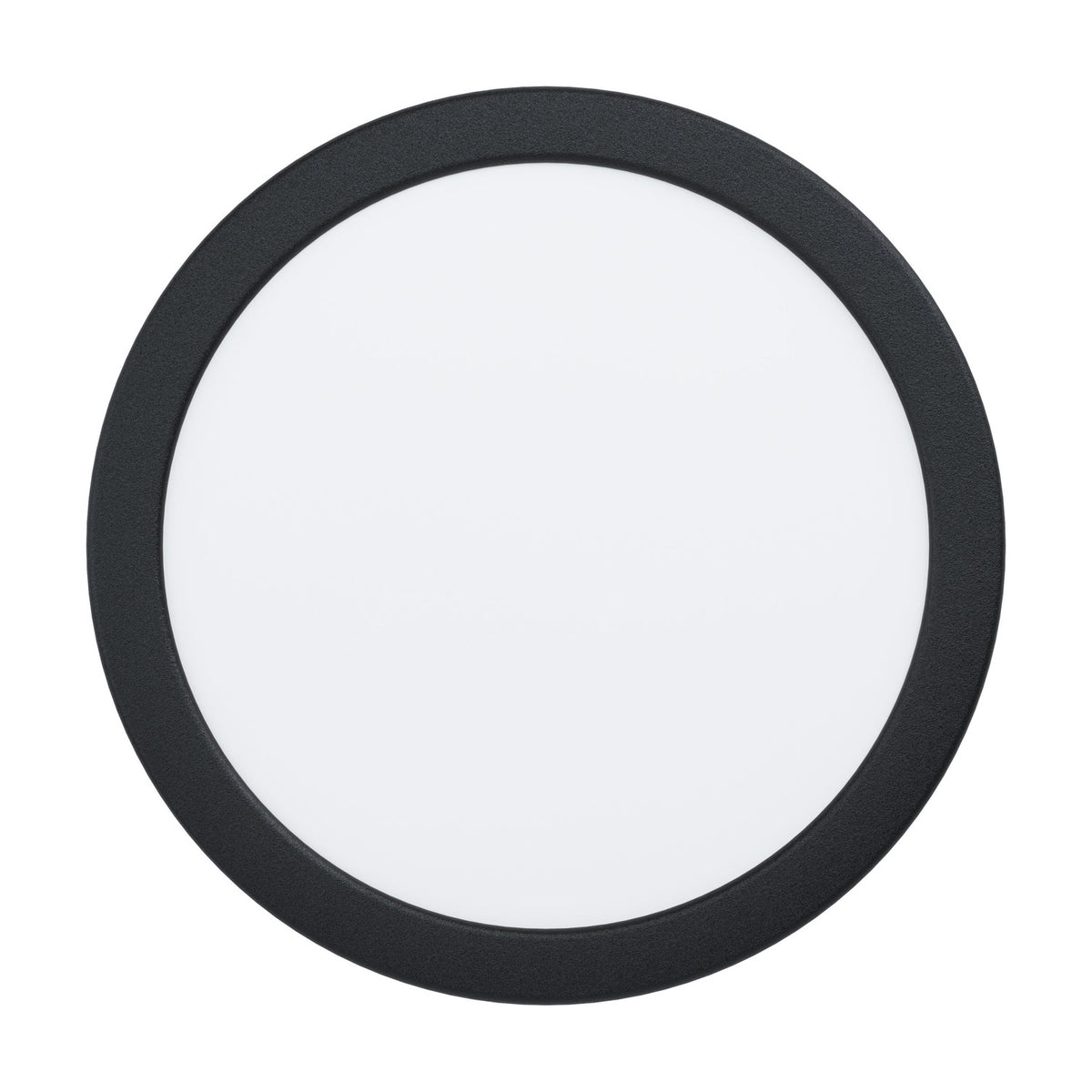 Gosmelle round LED downlight with black steel surround and white opal diffuser, 21cm slim profile, IP20, warm white, shown on a plain white background.
