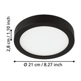 Gosmelle round LED downlight with black steel body and white opal diffuser, shown with dimensions labelled 21cm diameter and 2.8cm depth on a white background.