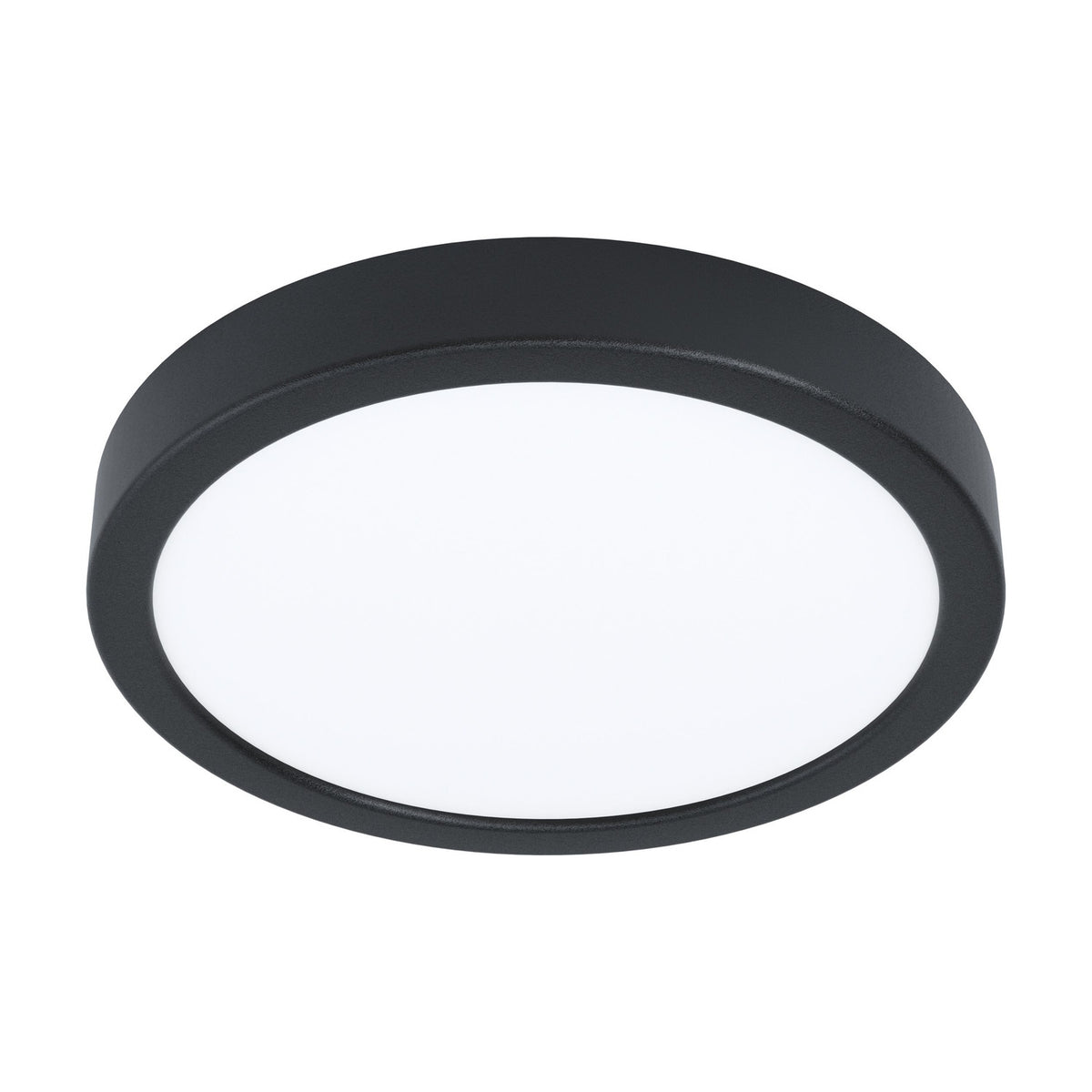 Gosmelle LED Downlight, a round, slim black steel fixture with a white opal diffuser, 21cm diameter, warm white 3000K light, shown on a plain white background.