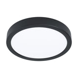 Gosmelle LED Downlight, a round, slim black steel fixture with a white opal diffuser, 21cm diameter, warm white 3000K light, shown on a plain white background.