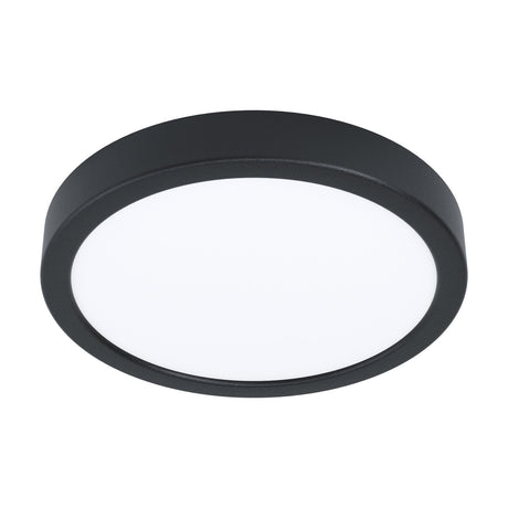 Gosmelle LED Downlight, a round, slim black steel fixture with a white opal diffuser, 21cm diameter, warm white 3000K light, shown on a plain white background.
