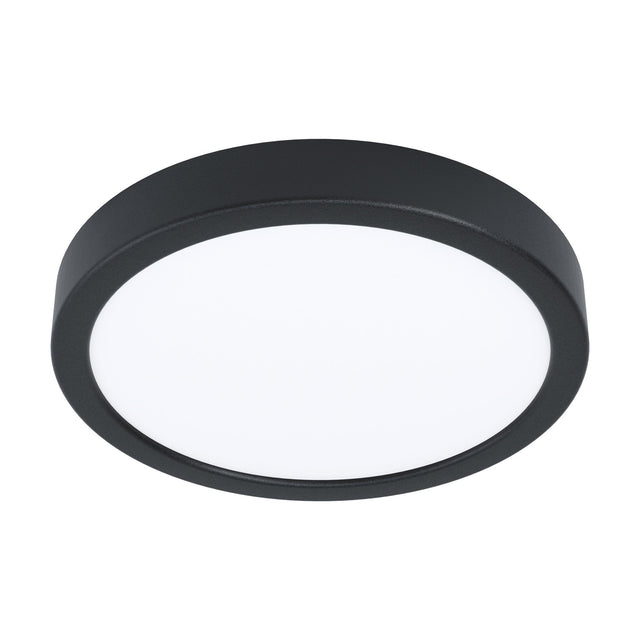 Gosmelle LED Downlight, a round, slim black steel fixture with a white opal diffuser, 21cm diameter, warm white 3000K light, shown on a plain white background.