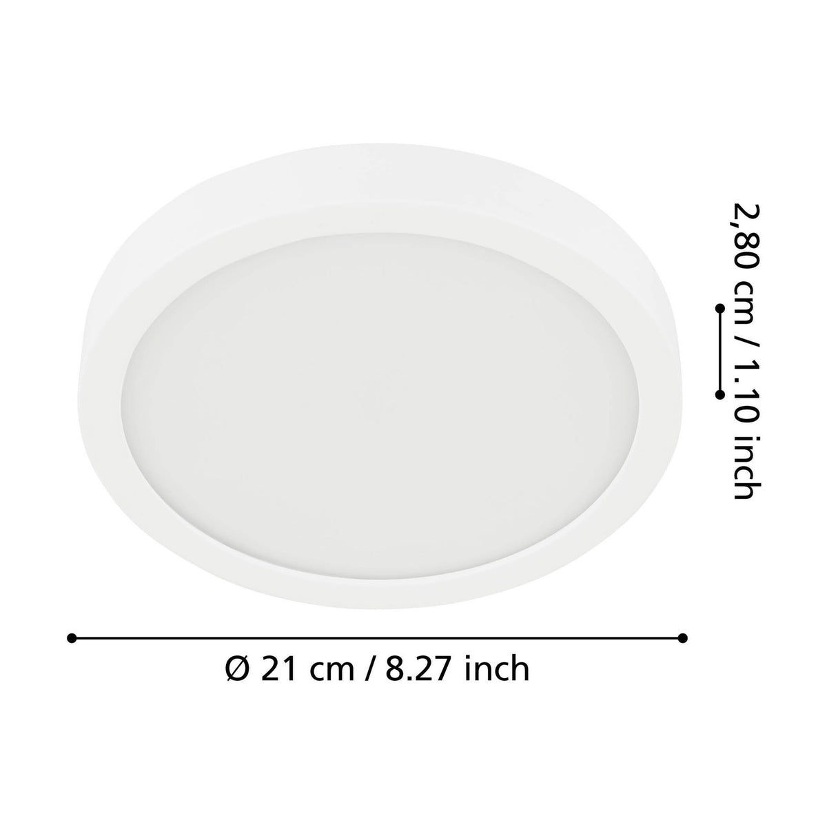 Gosmelle LED Downlight in white, round slim-profile design with white steel body and plastic diffuser, shown with dimension labels: 21cm diameter, 2.8cm depth, on a plain white background.