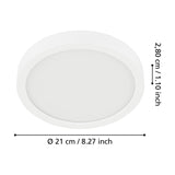 Gosmelle LED Downlight in white, round slim-profile design with white steel body and plastic diffuser, shown with dimension labels: 21cm diameter, 2.8cm depth, on a plain white background.