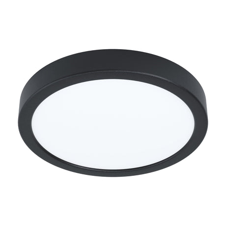 Gosmelle LED Downlight, a round 21cm flush ceiling fixture with a black steel rim and white plastic diffuser, shown at an angle on a plain white background.
