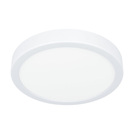 Gosmelle round LED downlight, 21cm, white steel body with full-face white plastic diffuser, slim low-profile design, warm white IP44, shown on a plain white background.