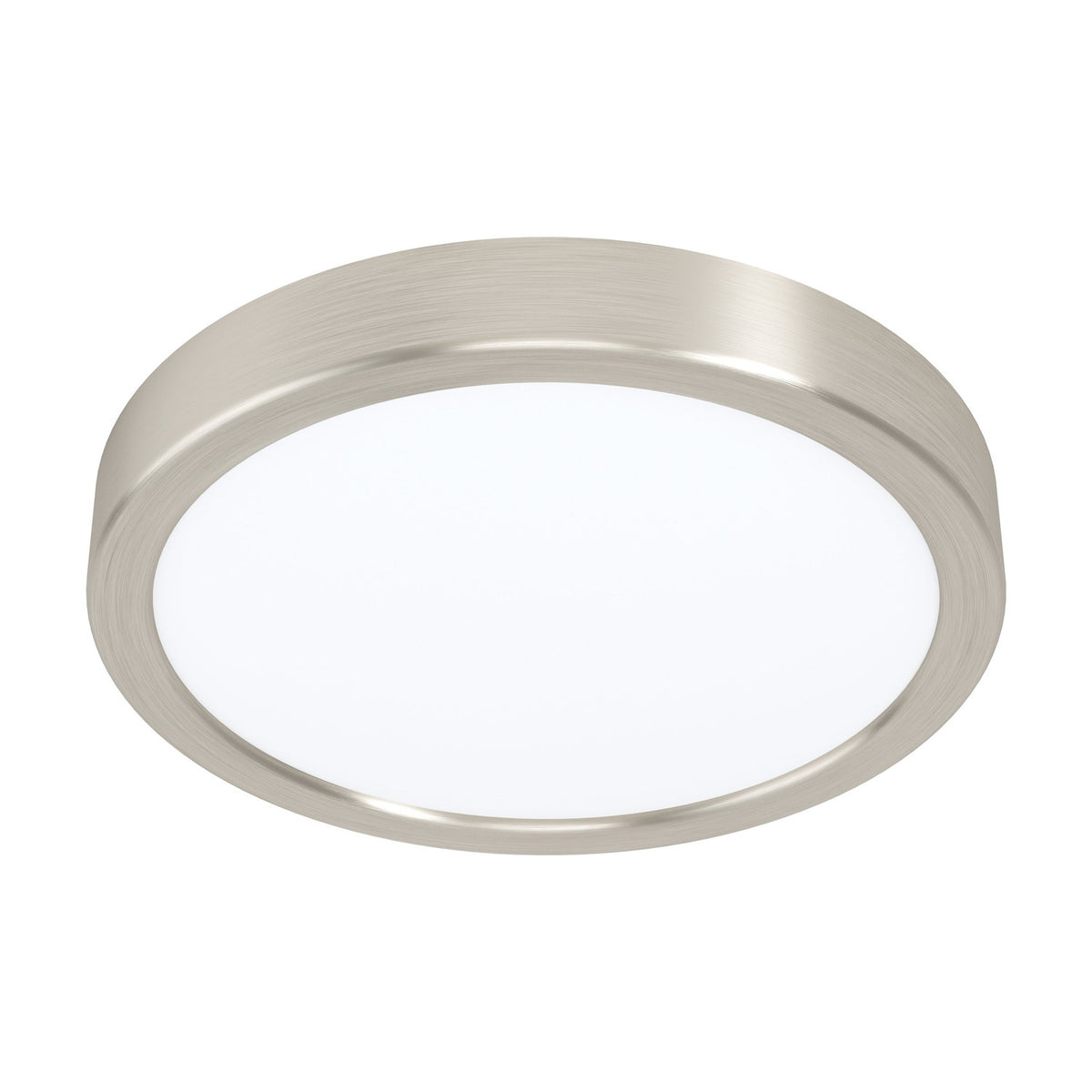 Gosmelle round LED downlight, 21cm, with a satin nickel rim surrounding a white diffuser, shown on a plain white background.