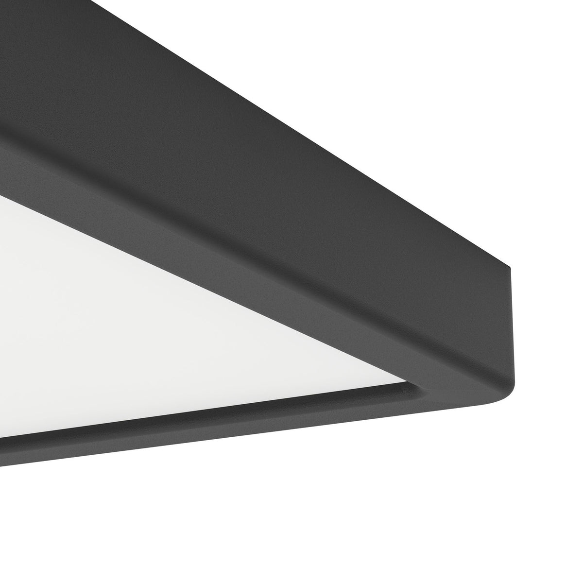 Close-up of the Gosmelle square LED downlight's corner, showing its matt black plastic frame and white diffuser panel, 22 x 22cm, IP44 rated.
