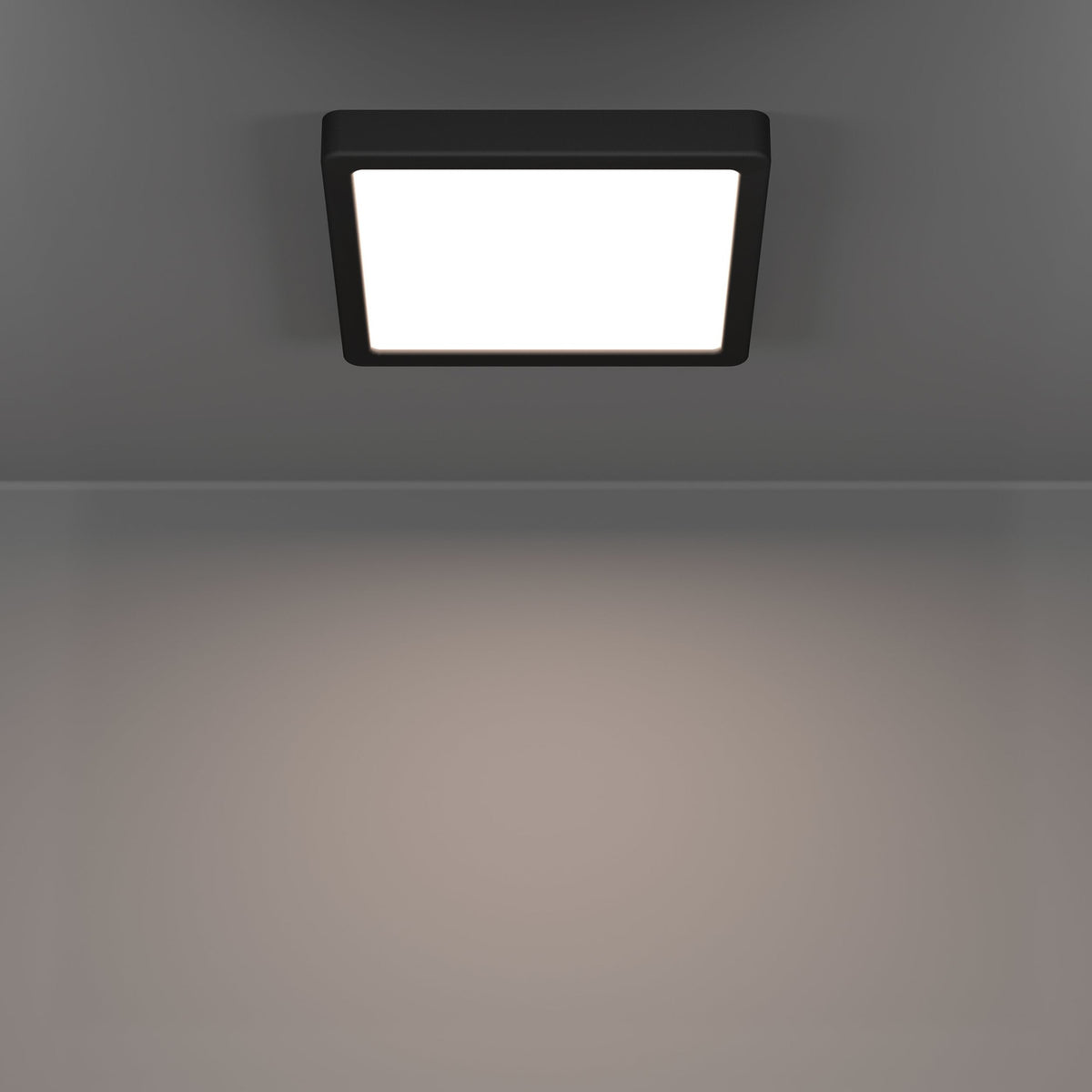 Gosmelle square LED downlight, 22 x 22cm matt black plastic frame with white diffuser, mounted on a grey ceiling, illuminated with warm light, IP44 rated.