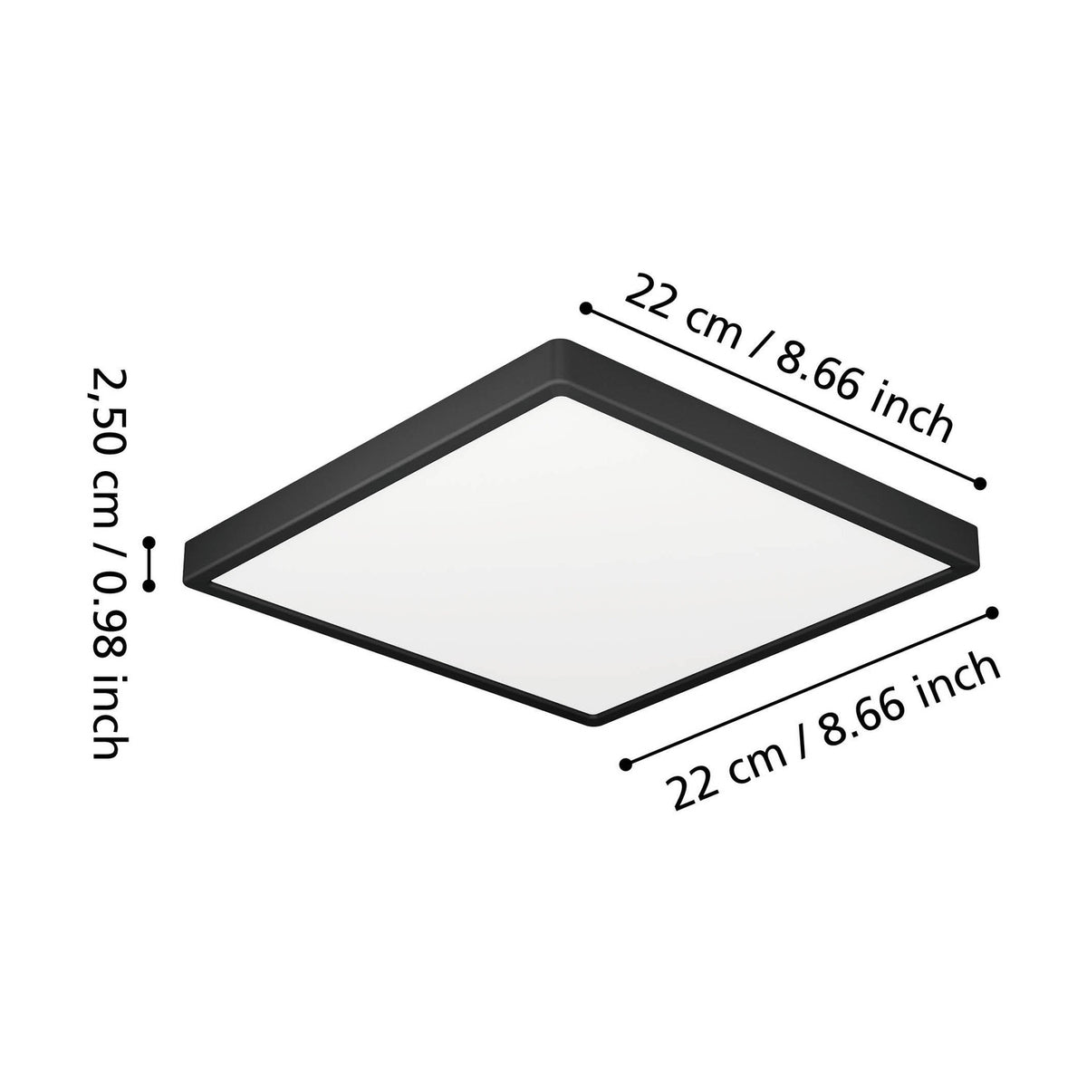 Gosmelle square LED downlight with matt black plastic frame and white diffuser, shown at an angle with dimension labels for 22 x 22cm size and 2.5cm depth on a white background.