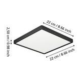 Gosmelle square LED downlight with matt black plastic frame and white diffuser, shown at an angle with dimension labels for 22 x 22cm size and 2.5cm depth on a white background.