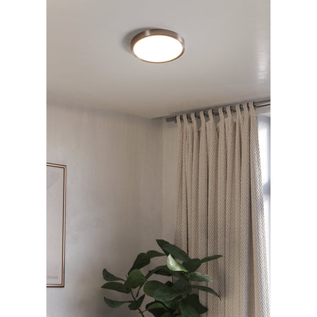 Gosmelle LED Downlight 27.8cm in satin nickel, round ceiling-mounted fixture with white diffuser, shown installed in a room corner near curtains and a plant.