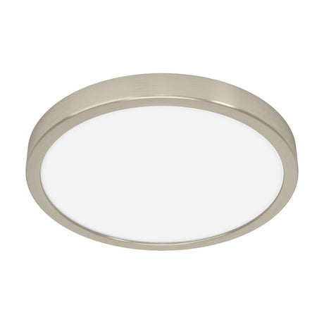 Gosmelle LED Downlight 27.8cm in satin nickel, a round surface-mount fixture with a steel body and white plastic diffuser, shown on a plain white background.