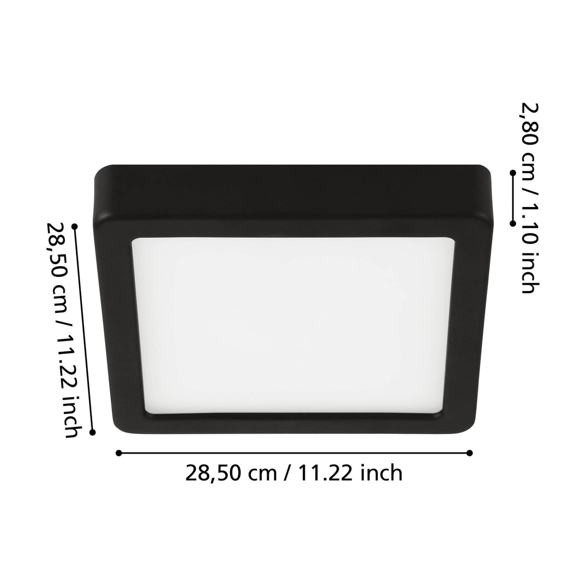 Gosmelle square LED downlight with slim black steel frame and white plastic diffuser, shown with labelled dimensions 28.5 x 28.5 x 2.8cm on a white background.