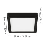 Gosmelle square LED downlight with slim black steel frame and white plastic diffuser, shown with labelled dimensions 28.5 x 28.5 x 2.8cm on a white background.