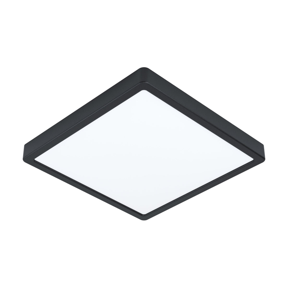 Gosmelle LED downlight, square ceiling panel with slim black steel frame and white plastic diffuser, 28.5 x 28.5cm, shown on a plain white background.
