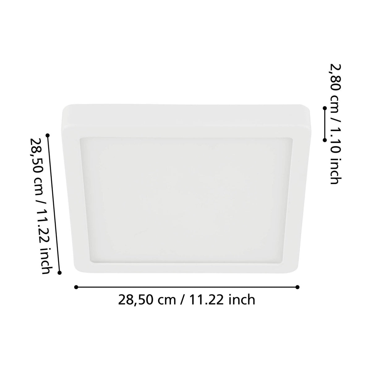 Gosmelle square LED downlight in white, with a slim white steel frame and plastic diffuser, shown with dimension labels 28.5 x 28.5 x 2.8cm on a white background.