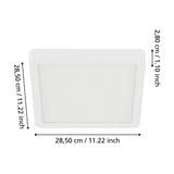 Gosmelle square LED downlight in white, with a slim white steel frame and plastic diffuser, shown with dimension labels 28.5 x 28.5 x 2.8cm on a white background.