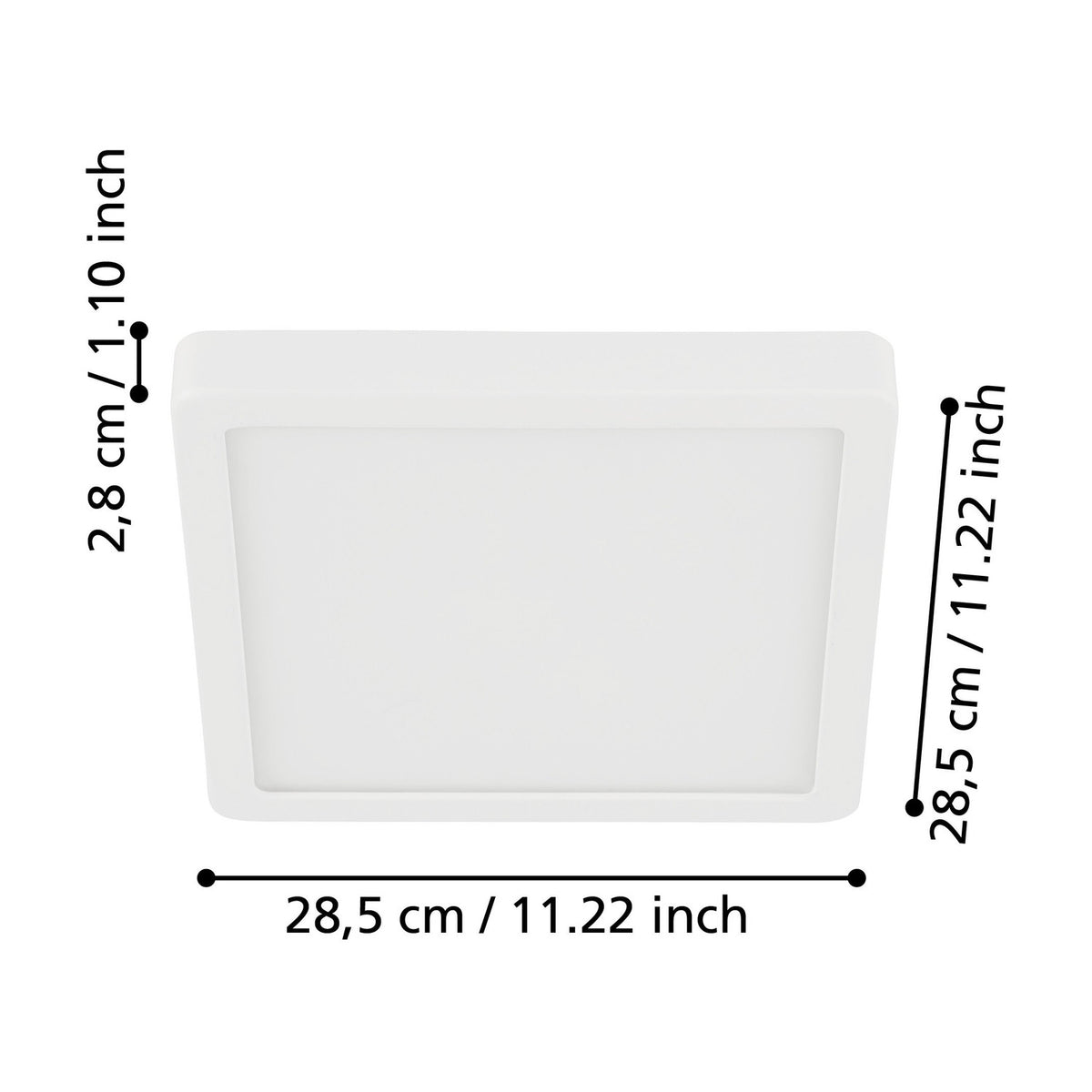 Gosmelle LED Downlight, a slim square white ceiling panel measuring 28.5 x 28.5 x 2.8cm, shown on a plain white background with dimension labels.