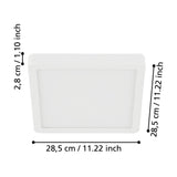 Gosmelle LED Downlight, a slim square white ceiling panel measuring 28.5 x 28.5 x 2.8cm, shown on a plain white background with dimension labels.