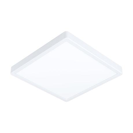 Gosmelle square LED downlight, 28.5 x 28.5cm white steel ceiling panel with white plastic diffuser face, warm white light, shown at an angle on a plain white background.
