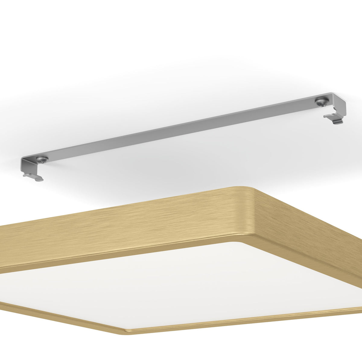 Gosmelle LED Downlight 28.5 x 28.5cm in brushed brass with white diffuser, shown with its ceiling mounting bracket on a plain white background.