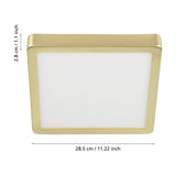 Gosmelle LED downlight with brushed brass steel frame and square white plastic diffuser, shown with dimensions 28.5 x 28.5cm and 2.8cm depth on a white background.