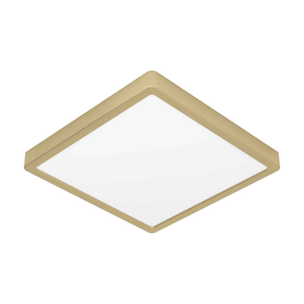 Gosmelle LED Downlight, 28.5 x 28.5cm square fixture with brushed brass steel frame and white plastic diffuser, shown at an angle on a plain white background.