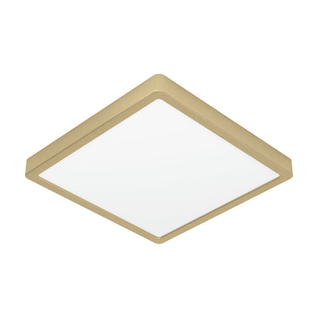 Gosmelle LED Downlight, 28.5 x 28.5cm square fixture with brushed brass steel frame and white plastic diffuser, shown at an angle on a plain white background.