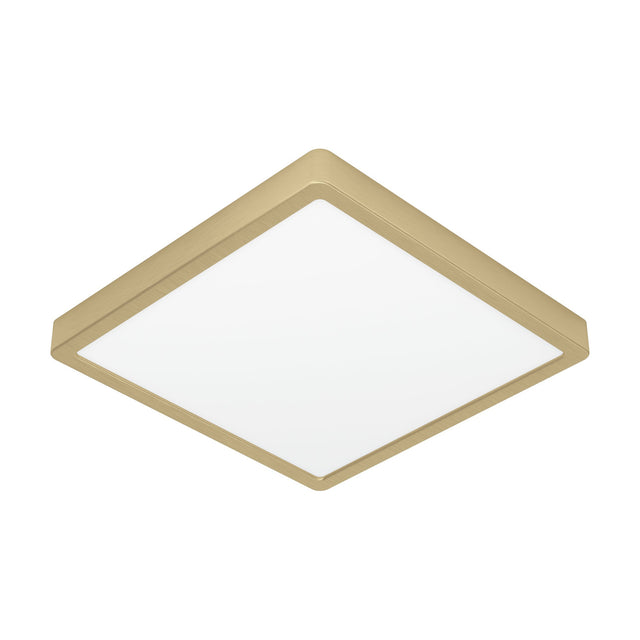 Gosmelle LED Downlight, 28.5 x 28.5cm square fixture with brushed brass steel frame and white plastic diffuser, shown at an angle on a plain white background.