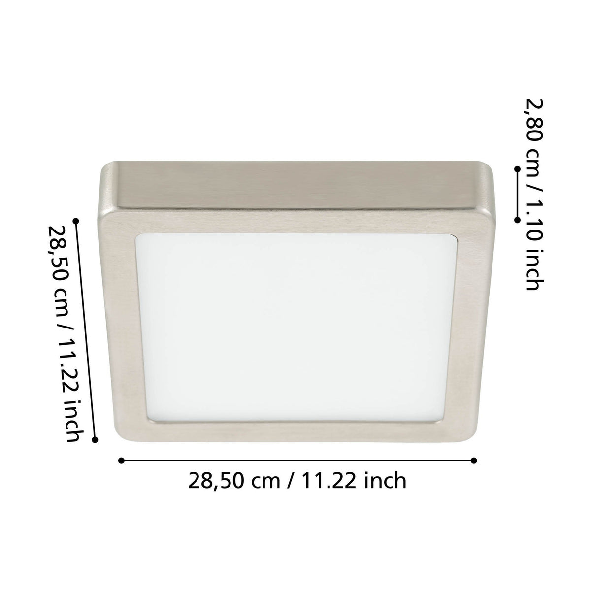 Gosmelle square LED downlight with a slim satin nickel frame and flat white diffuser, shown with dimensions 28.5 x 28.5 x 2.8cm on a white background.
