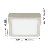 Gosmelle square LED downlight with a slim satin nickel frame and flat white diffuser, shown with dimensions 28.5 x 28.5 x 2.8cm on a white background.