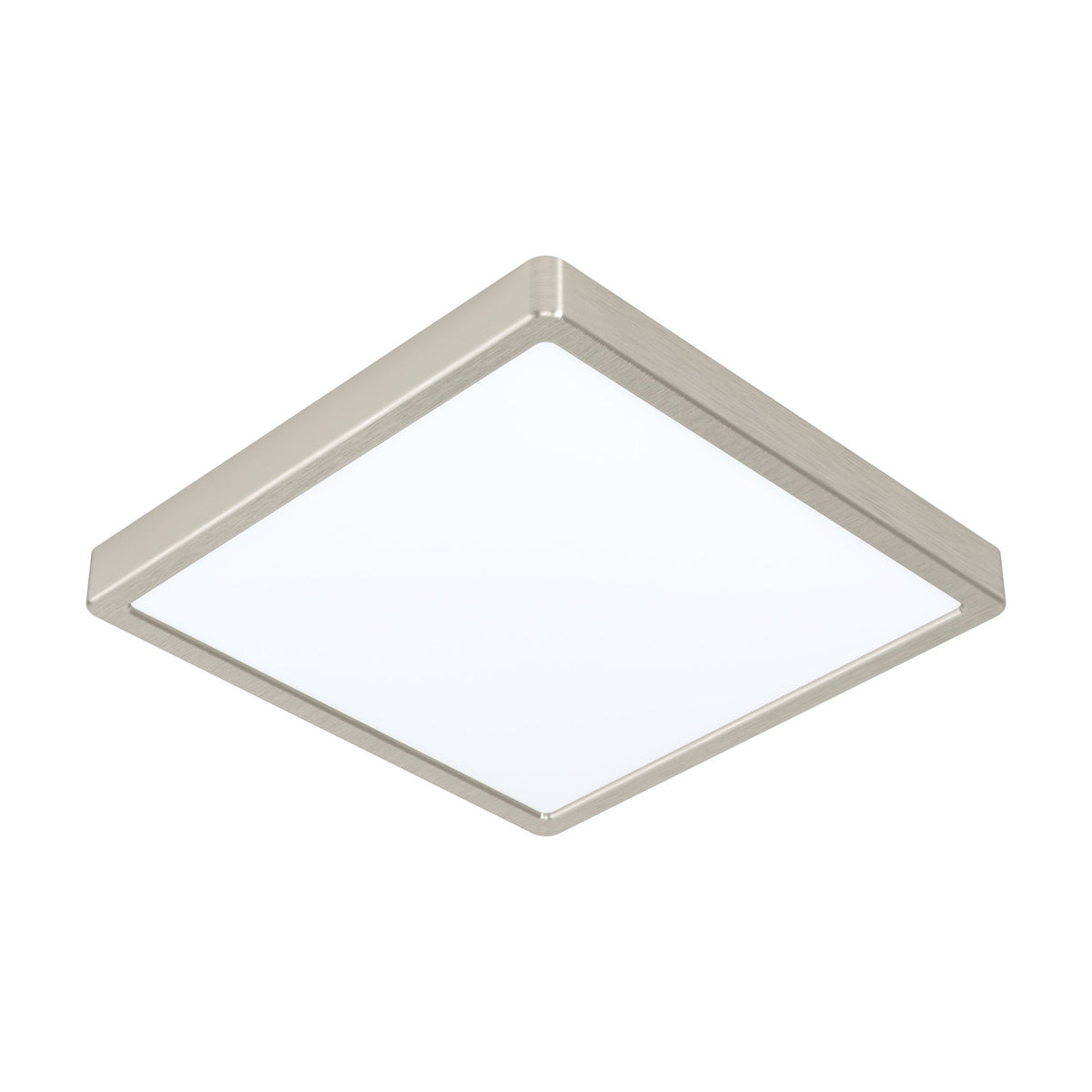 Gosmelle square LED downlight, 28.5 x 28.5cm, with slim satin nickel frame and flat white diffuser, cool white, shown at an angle on a plain white background.