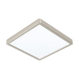 Gosmelle square LED downlight, 28.5 x 28.5cm, with slim satin nickel frame and flat white diffuser, cool white, shown at an angle on a plain white background.