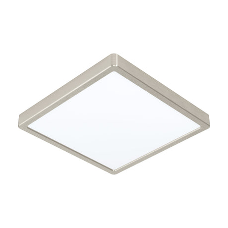 Gosmelle square LED downlight, 28.5 x 28.5cm, with slim satin nickel frame and flat white diffuser, cool white, shown at an angle on a plain white background.