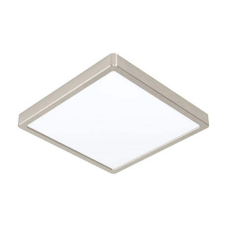 Gosmelle square LED downlight, 28.5 x 28.5cm, with slim satin nickel frame and white plastic diffuser, shown at an angle on a plain white background.