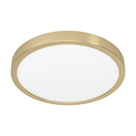 Gosmelle LED Downlight 28.5cm in brushed brass, a round low-profile ceiling fixture with a white plastic diffuser and integrated LED, shown on a plain white background.