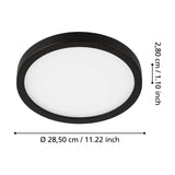 Gosmelle round LED downlight with black steel body and white plastic diffuser, shown with dimension labels for 28.5cm diameter and 2.8cm depth on a white background.