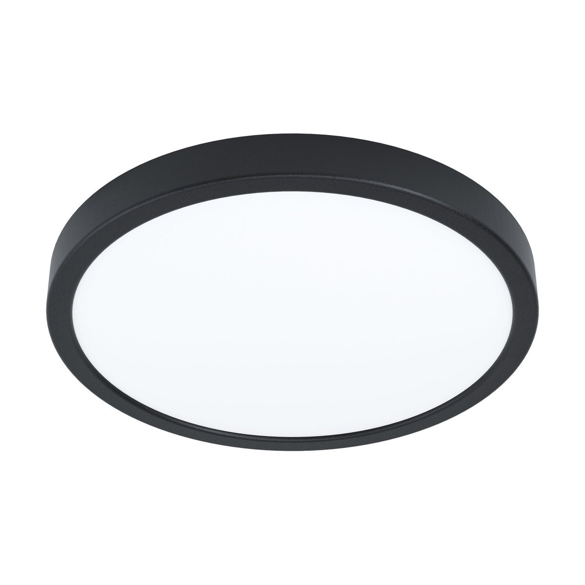 Gosmelle LED Downlight, a round 28.5cm ceiling fixture with a black steel body and white plastic diffuser, shown on a plain white background.